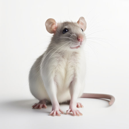 a white rat, with shiny eyes, sits on a white background in a dark white and light magenta style. this photograph showcases the influence of precisionism and highlights ethical concerns. the rat's lively movement and the grey academia atmosphere add depth to the composition, creating a unique yankeecore aesthetic. ai generatedの素材