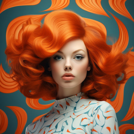 a colorized photo featuring a beautiful brunette girl with bright orange long hair. the photo showcases a beauty concept with an op art influence, incorporating elements of daz3d, light turquoise, and a pattern explosion. the style draws inspiration from the 1970s-present era, as well as the mono-ha movement, resulting in a photorealistic pastiche. ai generatedの素材