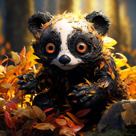 a hyper-realistic panda figurine with yellow eyes is showcased on a captivating black background. this stunning artwork, created in the style of filip hodas, features vibrant color gradients reminiscent of maurice sendak's work. the figurine also incorporates a touch of grotesque character inspired by patrick dougherty, resulting in a visually striking and digitally enhanced masterpiece. ai generatedの素材