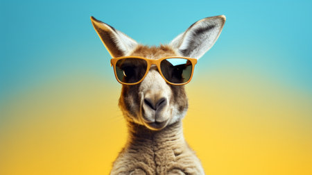 a groovy emoji kangaroo wearing sunglasses stands out against a vibrant blue background. captured with the lensbaby composer pro ii with edge 50 optic, the image showcases sharp attention to detail. the use of vray tracing adds a touch of yellow and amber hues, while the solarization effect enhances the overall appeal. perfect for animal and people enthusiasts alike. ai generatedの素材