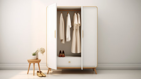 a chic and minimalist iron wardrobe piece with an italian aesthetic is showcased in this 4k resolution image. the piece features a simple yet elegant design, perfect for any modern interior. with a white background, the side and front views of this wardrobe highlight its sleek and stylish appearance. ai generatedの素材