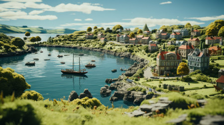 a picturesque coastal town captured in stunning detail through the use of octane render. this meticulously crafted scene showcases a charming blend of boats and houses, reminiscent of historical reproductions. the grandiloquent landscapes and coastal views, expertly captured by einar hkonarson, are enhanced by the selective focus technique, creating a visually captivating image. ai generatedの素材