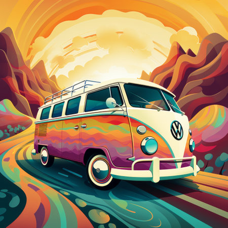 vw camper van in a colorful palette reminiscent of psychedelic landscapes, featuring dreamlike illustrations inspired by american scene painting. the energy-filled illustrations capture the essence of vintage poster design, with smooth and curved lines that beautifully blend into expansive landscapes. ai generatedの素材