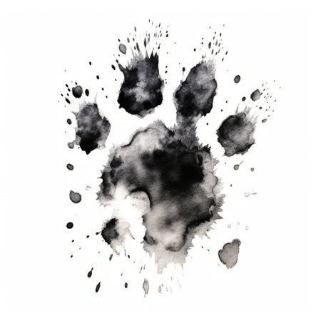 a black and white animal paw print, with hand-painted details, is depicted in various colors in this explosive expressionism style ink wash painting. the misty effect adds a touch of sfumato, while the matte finish of the photo enhances the overall caninecore aesthetic. ai generatedの素材