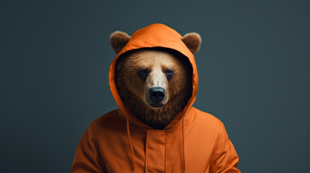 a bear wearing an orange jacket and hood hat stands out in this minimal retouching style photograph by mike campau, an object portraiture specialist. the image showcases the bear's detailed costume, creating a hyper-realistic portrait. the parallax effect adds depth to the composition, while the photograph also raises awareness about environmental issues. ai generatedの素材
