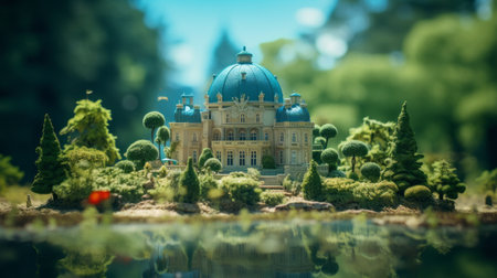 a photo of a miniature castle and merry-go-round set in the countryside. the scene features a water element, a treehouse, and a touch of fantasy. the miniature art showcases neoclassical symmetry and rococo extravagance, with macro perspectives and a low depth of field. the fictional landscape creates an azure backdrop, resulting in a photo-realistic depiction. ai generatedの素材