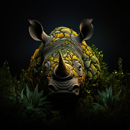 a hyper-realistic rhinoceros figurine with yellow eyes stands against a striking black background. this artwork, influenced by the style of filip hodas, showcases vibrant color gradients reminiscent of maurice sendak's work. with a touch of grotesque character inspired by patrick dougherty, the image is digitally enhanced to create a visually captivating masterpiece. ai generatedの素材