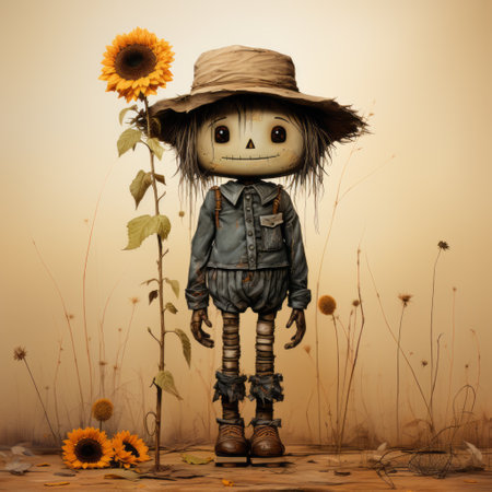 scarecrow portrait for sale on deviantart, featuring a floral surrealism style. this dark beige and yellow artwork showcases toy-like proportions and detailed character design. the charming and idyllic rural scenes evoke a somber mood. available in 32k uhd resolution. ai generatedの素材