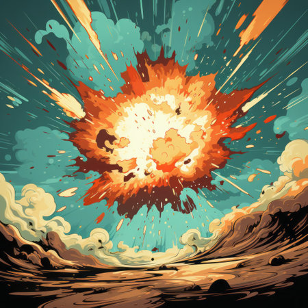 a fireball explodes over the waves in a vibrant, cartoonish style of color zone painting. the hyper-detailed illustration showcases a dark cyan and beige color palette, creating a fictional landscape reminiscent of post-war scenarios. the decorative background adds depth and intensity to the explosive scene in the sky. ai generatedの素材