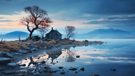 a serene and enchanting scene captured in this uhd image showcases a small house and tree beautifully reflected in the calm waters. inspired by the artistic style of caras ionut, this japanese-style landscape exudes a romantic and dramatic ambiance. the sky-blue and silver tones add to the painterly and dreamlike quality of this captivating depiction of wilderness. ai generatedの素材