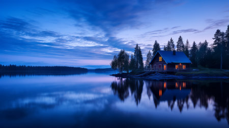 lake with perfect reflection of house: this stunning photo captures the essence of norwegian nature in the style of mikko lagerstedt. the 8k resolution showcases bold and vibrant primary colors, including sky-blue and navy. the romantic atmosphere is enhanced by the tokina at-x 11-16mm f/2.8 pro dx ii lens, creating a mesmerizing scene. ai generatedの素材