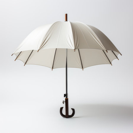 a white umbrella, reminiscent of polished craftsmanship, is elegantly displayed on a gray surface. with influences from viennese secession and traditional japanese design, this umbrella showcases precise nautical details. its dark beige hue adds a touch of sophistication, while its dignified pose exudes timeless charm. ai generatedの素材