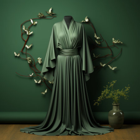 a green robe, shaped like a woman, hangs from a mannequin in a photorealistic composition. the robe is draped close to the ceiling, creating an elegant and minimalistic display. made of vines and featuring a dark palette, the composition is adorned with birds, flowers, and stylish clothing. vray technology enhances the visual appeal of this unique artwork. ai generatedの素材