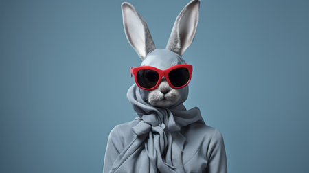 the white rabbit, donning sunglasses and a scarf, is captured in a bold fashion photography style. rendered in cinema4d, this portrait showcases gray, sculptural costumes with bold colors. the minimal retouching enhances the portraitures, which hold hidden meanings. ai generatedの素材