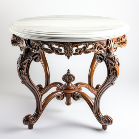 an ornate table and pedestal, rendered in 3d, showcase the intricate craftsmanship of a wood sculptor. the uhd image captures the white and brown tones, reminiscent of traditional barroco style. the use of traditional techniques and precise craftsmanship is evident in this stunning piece. ai generatedの素材