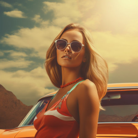 a woman in sunglasses strikes a pose next to a vibrant orange car as the sun sets in the background. this stock photo captures the essence of photorealistic detailing and vintage-inspired pin-ups. the image showcases a mashup of styles, combining desertwave vibes with bold fashion photography. the color palette features light maroon and turquoise, creating a visually striking and captivating composition. ai generatedの素材