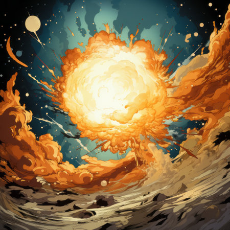 an explosion illustration featuring orange water ripples is depicted in this vector illustration. the artwork, available for free download, showcases a richly detailed genre painting style with elements of interstellar comic book art. the color palette consists of dark sky-blue and beige, creating a bold contrast. the characters are manga-inspired and the composition utilizes pictorial space and focus stacking techniques, reminiscent of a graphic novel.の素材