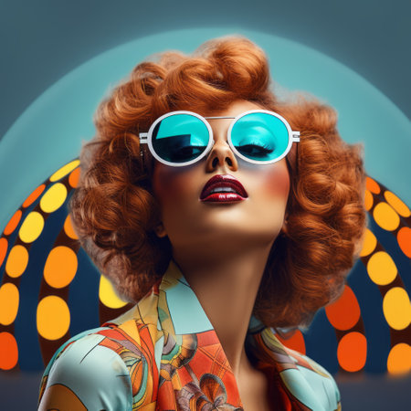 a woman with curly red hair wearing sunglasses stands against a vibrant floral background. the photo captures a futuristic retro style with its dark turquoise and orange color scheme. the scene is photorealistic, showcasing anton fadeev's artistic skills and vibrant geometrics. the use of photo-realistic techniques adds to the retro-style aesthetic of the image. ai generatedの素材