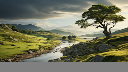 a stunning national geographic contest-winning photo captured in 8k resolution showcases the intense and dramatic lighting of a scottish landscape. the lush green grass, reminiscent of romantic riverscapes, creates a captivating scene rendered in maya. ai generatedの素材
