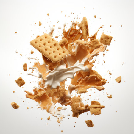 cream and cracker spread with sprinkles on a white background, resembling michal karcz's style. distorted and fragmented, the image features softbox lighting, layered mesh, and a destructive effect. the color palette includes light orange and white, enhanced with the orton effect. ai generatedの素材