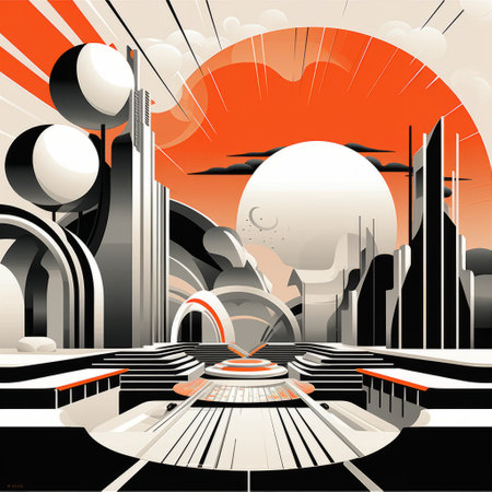 a poster featuring a vibrant orange cityscape, showcasing futuristic elements. the high contrast black and white design incorporates precisionist lines and shapes, creating an expansive landscape. the detailed skies and spherical sculptures add depth to the composition, reminiscent of ps1 graphics. ai generatedの素材