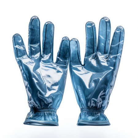 a pair of blue gloves, with a transparent-translucent medium style, are showcased on a white background. the gloves exude a liquid metal appearance, resembling large format film. the hyperrealistic precision captures the raw vulnerability of the gloves, while the palewave color palette adds a touch of subtlety. the overall effect is enhanced by the matte finish of the photo. ai generatedの素材