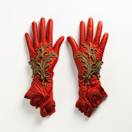 red gloves with gold accents, reminiscent of baroque-inspired sculptures, designed by marguerite blasingame, vivienne tam, and maria sibylla merian. these exquisite gloves feature intricate arabesque scroll patterns and are meticulously handcrafted using raw materials. ai generatedの素材