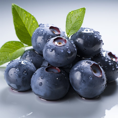blueberries arranged on a ledge, showcasing the sleek and stylized aesthetics of vray tracing. the wet-on-wet blending technique enhances their vibrant indigo color, creating a visually appealing composition. this silver-toned image, captured in the style of the associated press, exhibits smooth lines and a captivating appeal. ai generatedの素材