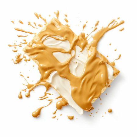 peanut butter drizzled over a scoop of ice cream, with a splash of vanilla sauce on a clean white background. this hyperrealistic composition by oswaldo guayasamin showcases controlled color palette, monochromatic intensity, and a golden palette. the light beige and white tones create a visually appealing contrast. created using zbrush. ai generatedの素材