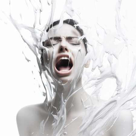 a woman, captured in an intense moment, is depicted in a conceptual installation art piece rendered in cinema4d. splashed with milk, her strong facial expression conveys intense emotion. this associated press photo showcases organic chaos and is enhanced by ambient occlusion. ai generatedの素材