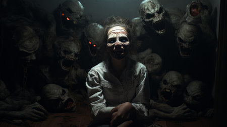 a young man sits in front of a group of hauntingly beautiful, scary-looking ghosts in a dark setting. this photo, rendered with octane render for photorealistic accuracy, showcases ritualistic masks and a strong facial expression. captured with a zeiss batis 18mm f2.8 lens, this high-quality image features hauntingly beautiful illustrations. ai generatedの素材