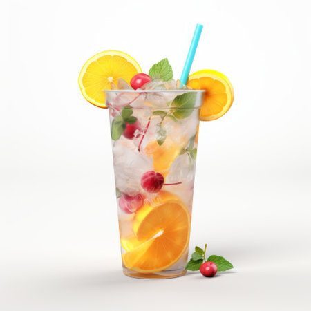 a refreshing apple juice drink featuring a vibrant blend of oranges, kiwi, pineapple, grapes, and strawberries. this visually stunning photo showcases the drink in a style reminiscent of ambient occlusion, with a beautiful combination of light aquamarine and yellow hues. the composition, created by artist harry shoulberg, is texture-rich and evokes a sense of indulgence. the fruits appear juicy and inviting, while the overall aestheticの素材