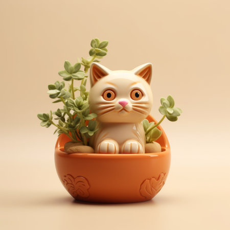 a cat sitting in a pot, showcasing a luminous 3d object style with meticulous design. the cat is depicted in light orange and light beige colors, surrounded by highly detailed foliage. this unique artwork combines elements of chinapunk and features focus stacking techniques, resulting in playful character designs. ai generatedの素材