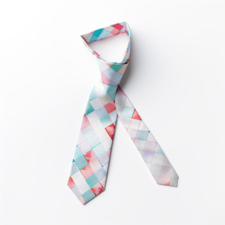 a blue and yellow tie with a square pattern, featuring a light red and light aquamarine color scheme. the tie showcases a combination of opacity and translucency, with hints of dark white and light pink. this tabletop photograph captures the tie in a matte finish, against a white background, perfectly embodying the mote kei style. ai generatedの素材
