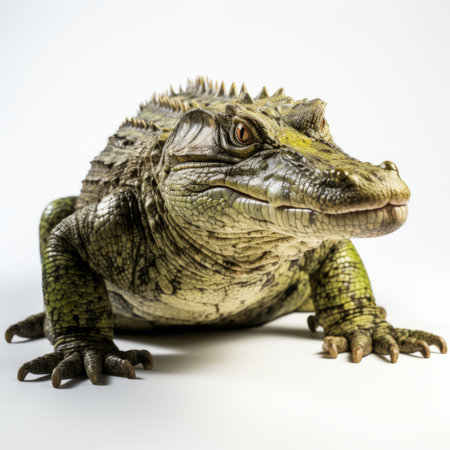 the picture features a hyperrealistic animal portrait of an alligator, available for purchase on an ecommerce site. the alligator is captured in a dignified pose, with a white background that enhances its dark white and light green colors. the image was taken using a rollei prego 90 camera and showcases sharp details and focus stacking techniques. ai generatedの素材