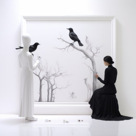nathalie charlottemurray's "krva ren" is a captivating body of work that showcases gothic surrealism. the images feature isolated figures in dark white and dark gray, with an avian theme. the uhd image quality and mural painting style add depth and detail to the artwork, inviting viewers into a world of quiet contemplation. ai generatedの素材