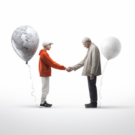 two men, in the style of contemporary traces of memory, are captured shaking hands while holding balloons. the photo features a color palette of white and silver, reminiscent of grandparentcore aesthetics. the photorealistic portraiture showcases the orange hues, drawing inspiration from japanese photography. the isolated figures create a visually striking composition. ai generatedの素材