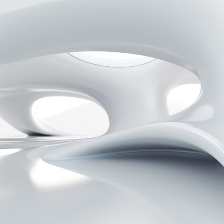 futuristic curved form of a 3d render, featuring light white and light gray colors. this 3d illustration showcases organic architecture with shiny, glossy, and rounded forms. the luminous shadows and loose paint application add depth and texture to the image. rendered in cinema4d, this artwork embodies a sleek and modern aesthetic. ai generatedの素材