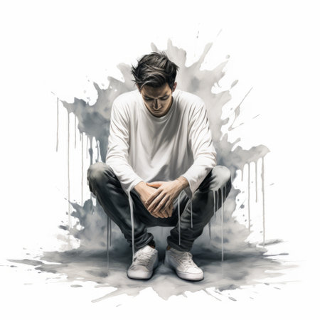 the man is sitting on a white plate in front of water, showcasing an illusionary spray paint art style. the portrait is realistic, with detailed character design. the man strikes a pensive pose, exuding a gamercore vibe. the artwork is creased, adding depth to the overall composition. this piece was the winner of a contest. ai generatedの素材