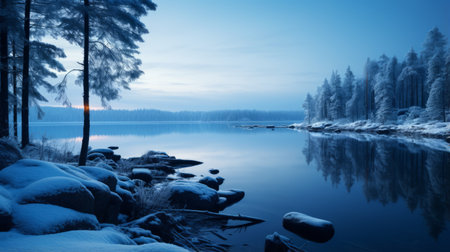 the photo showcases the breathtaking beauty of kakslauttanen as the blue hour envelops the natural landscape. with a touch of minimalism, the image captures the transparent and ethereal atmosphere. shot with a canon 5d, this high-quality, 16k hd photo truly transports viewers to this enchanting wonderland. ai generatedの素材