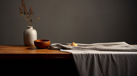 a minimalist textiles-inspired table featuring an empty vase, plates, and a captivating blend of dark orange and gray hues. the image showcases the artistic use of the rodenstock imagon 300mm f58 lens, capturing the raw textures and warm ambiance. the slumped-draped arrangement adds a unique touch to this visually appealing composition. ai generatedの素材
