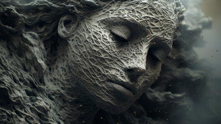 a woman, enveloped in smoke, showcases a mesmerizing patterned headpiece. this captivating image, created using cinema4d, features intricate weaving reminiscent of tangled nests. the stone sculptures, rendered with realistic detail, add a touch of dark gray and light gold tones. close-up shots highlight the complexity and beauty of this artful creation. ai generatedの素材