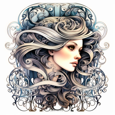 the lady's face is intricately designed with curly hair, resembling a detailed fantasy art piece. the dark silver and light blue tones add to the richness of the art nouveau style. the multi-layered figures and richly colored elements create a visually captivating composition. the illustration showcases calligraphic elegance and is highly detailed. ai generatedの素材