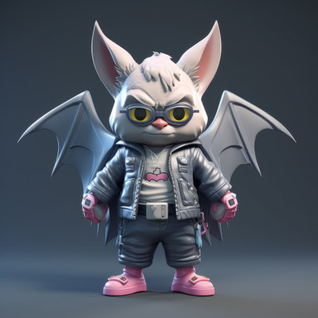 a 3d character of batman created by fbix, featuring a mischievous feline motif. the character showcases soft edges and atmospheric effects, with a color palette of white and pink. the gritty urban scenes highlight the detailed costumes and toy-like proportions, while incorporating a wildstyle aesthetic. ai generatedの素材
