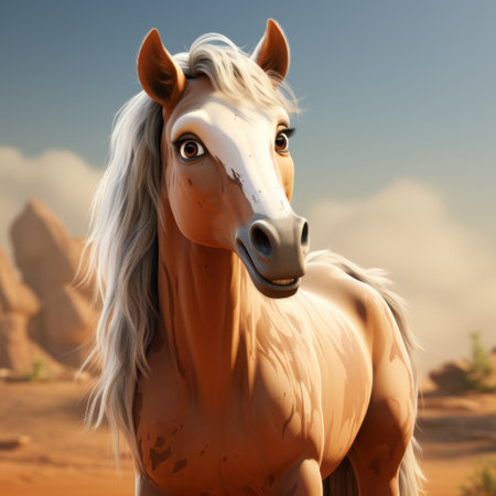 the ninja legend horse hero is an android apk game featuring a horse as the main character. the rendered graphics in cinema4d bring the characterful animal portraits to life, with a touch of victorian-inspired illustrations. the game takes place in the australian landscape, showcasing the mesmerizing desertwave scenery. get ready for an immersive experience with this captivating storybook illustration in a close-up view. ai generatedの素材