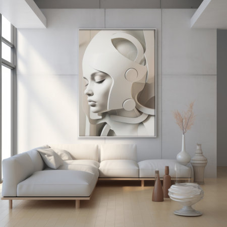 a white painting of a sculpture of a woman, in the style of futurist mechanical precision, hangs above a grey couch. the artwork showcases serene faces and is captured in 8k resolution, providing a uhd image. the light white and beige tones of the ceramic sculpture add to the spatial concept of the composition. ai generatedの素材
