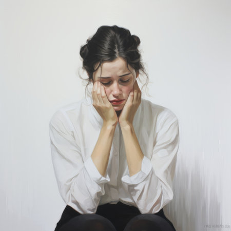 a woman wearing a white shirt is depicted in this image, with her face hidden beneath her hand. the artwork resembles realistic oil paintings and portrays trapped emotions. influences from artists such as lilia alvarado, alena aenami, and henry raeburn can be seen, showcasing a restrained expressionism style. the image also draws inspiration from the concept of black paintings. ai generatedの素材