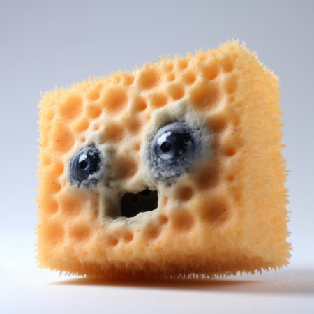 a 3d design featuring two sponge squares with eyes, created in a soft focus nostalgia style. the design incorporates elements of caffenol developing, honeycore, nanopunk, and playful use of texture. with sharp and clever humor, this design exudes a unique and playful aesthetic, reminiscent of a soggy yet intriguing world. ai generatedの素材