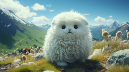 a white fluffy rabbit stands on a mountain hill, showcasing its mischievous feline motif. rendered in cinema4d, this movie still captures the bulbous, soft, and rounded forms of the rabbit. this national geographic photo combines the adorable poodlepunk style with the majestic beauty of nature. ai generatedの素材