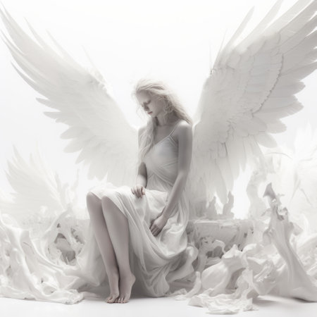 a white angel with wings stands against a bright light in a surreal fashion photography style. the angel, made of plastic, creates a striking contrast against the white background. the image showcases multi-layered narrative scenes and incorporates elements of angura kei. the monochromatic color scheme and spectacular backdrops add to the overall aesthetic appeal. ai generatedの素材